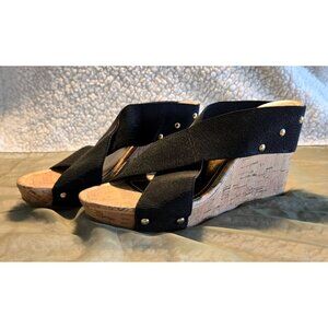 Wedge Heels Sandals Cork Black Cross-Straps Studded Nautic Sz 8 Madden Girl